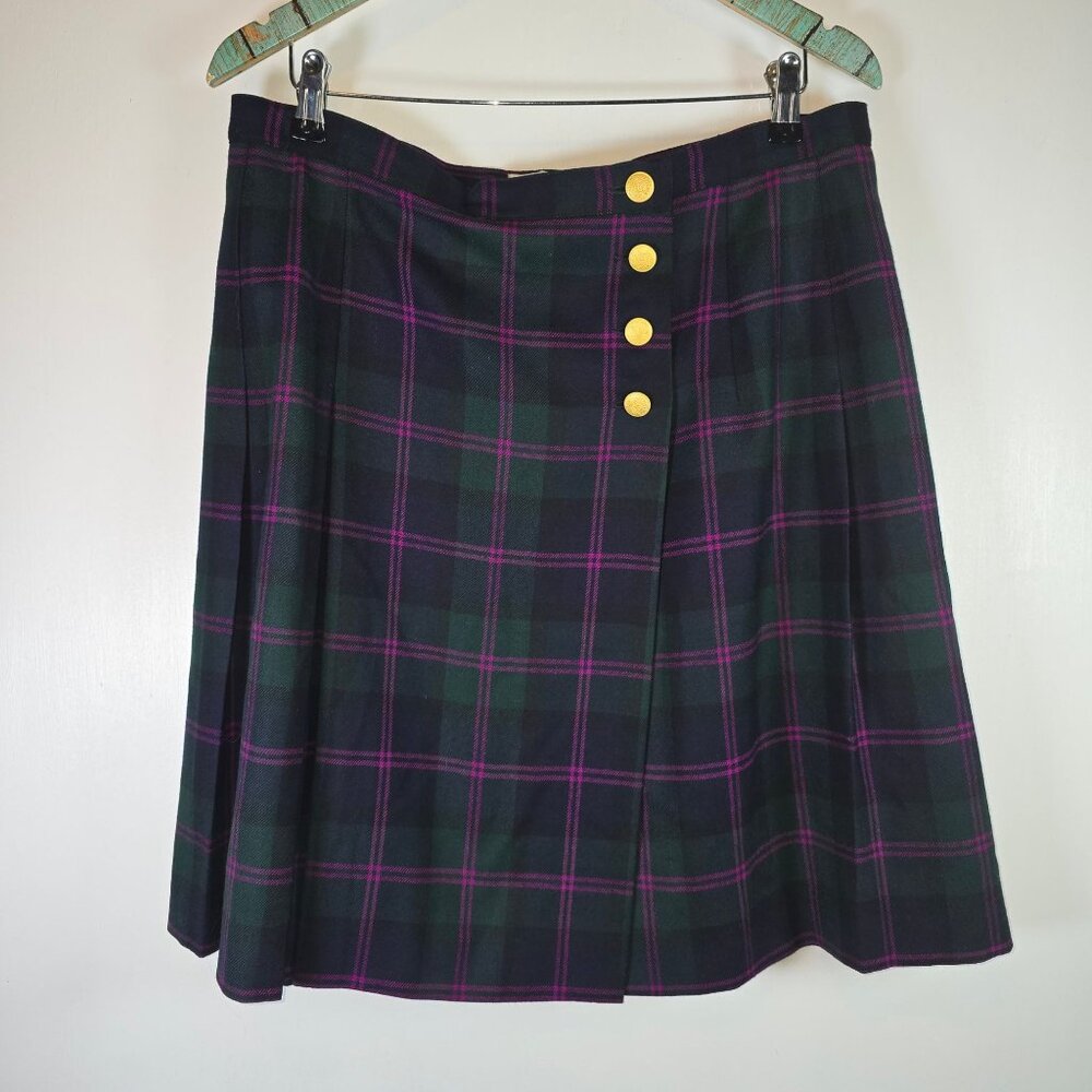 Vtg 90's Valerie Stevens Plaid PURE WOOL Pleated Button Green Purple Skirt - Picture 2 of 8
